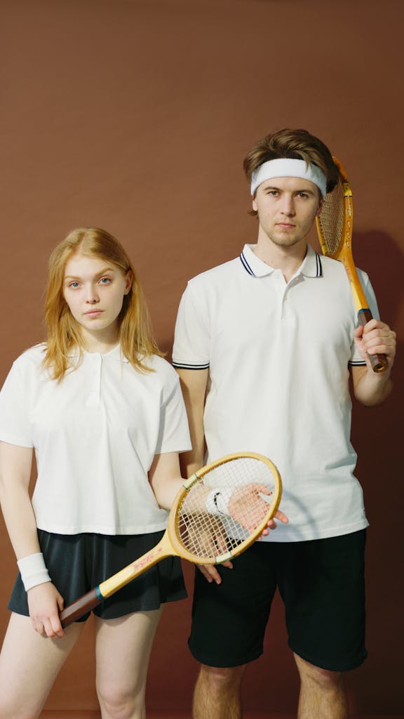 A young couple in sportswear poses seriously with tennis rackets against a brown background.
